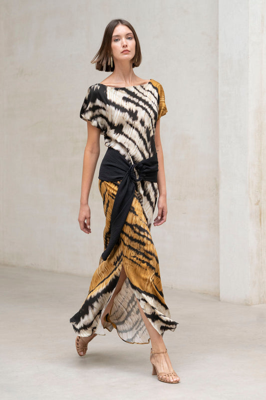 VESTIDO CUELLO BARCO BIES ESTAMPADO OJO DE TIGRE