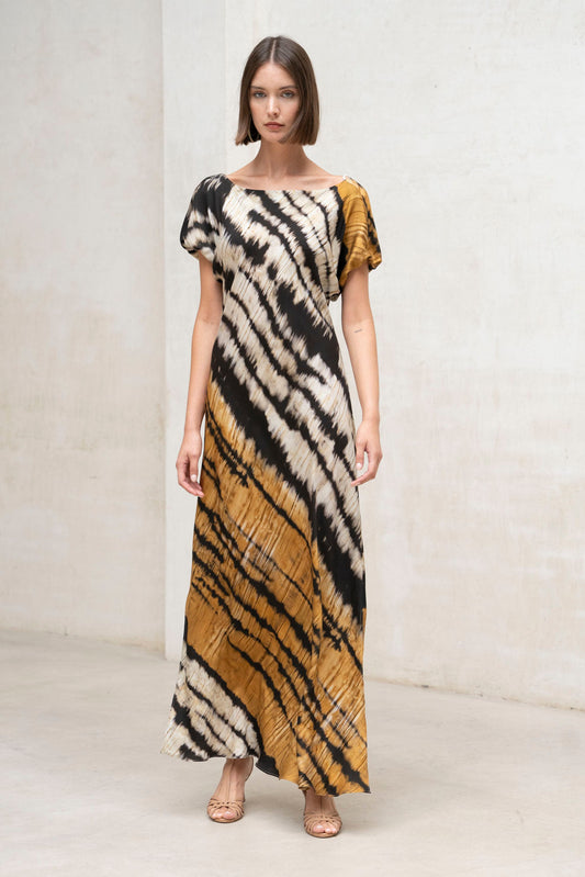 VESTIDO CUELLO BARCO BIES ESTAMPADO OJO DE TIGRE