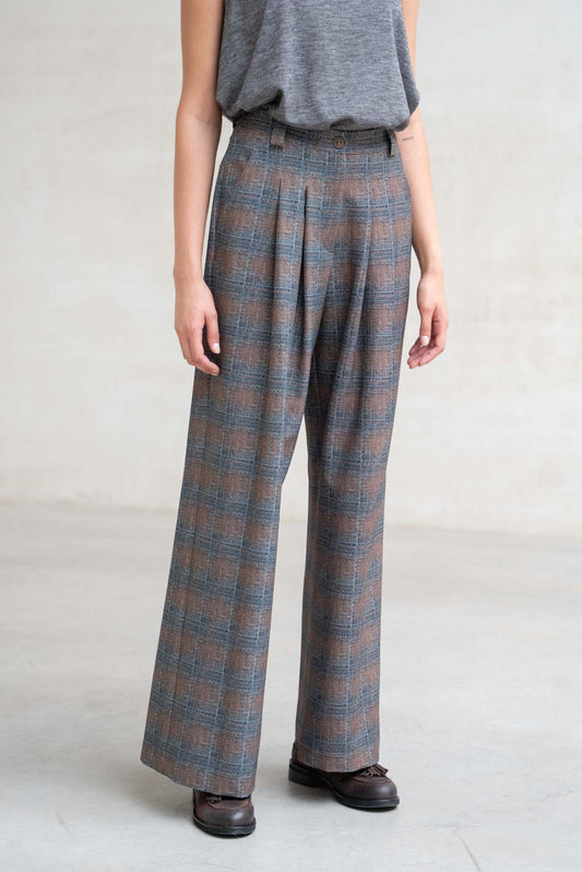PANTALON ANCHO DOBLE PLIEGUE MARRON Y GRIS